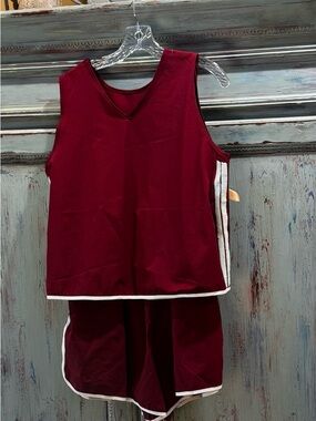 QUEEN OF SPARKLES Burgundy and White Athletic Tank & Shorts Set